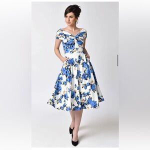 Unique Vintage 50s White & Blue Rose Floral Swing Dress